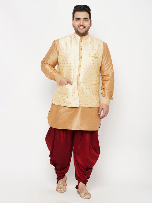 Men's Plus Size Gold Zari Weaved Nehru Jacket With Curved Kurta Dhoti Set