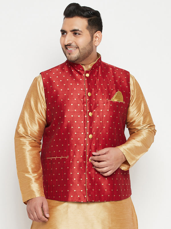 Men's Plus Size Maroon Zari Weaved Nehru Jacket