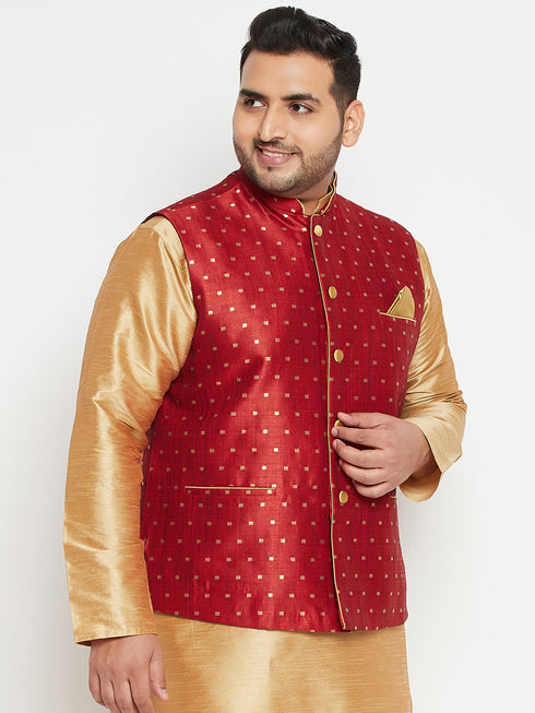 Men's Plus Size Maroon Zari Weaved Nehru Jacket