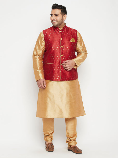 Men's Plus Size Maroon Zari Weaved Nehru Jacket With Kurta Pyjama Set