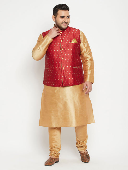 Men's Plus Size Maroon Zari Weaved Nehru Jacket With Kurta Pyjama Set