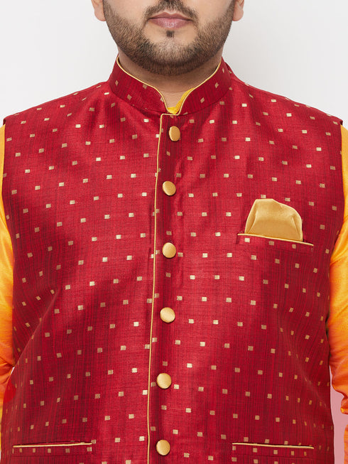 Plus Men's Maroon Zari Weaved Nehru Jacket With Kurta Dhoti Set