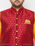Plus Men's Maroon Zari Weaved Nehru Jacket With Kurta Dhoti Set