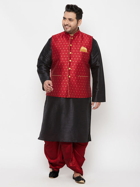 Plus Men's Maroon Zari Weaved Nehru Jacket With Kurta Dhoti Set
