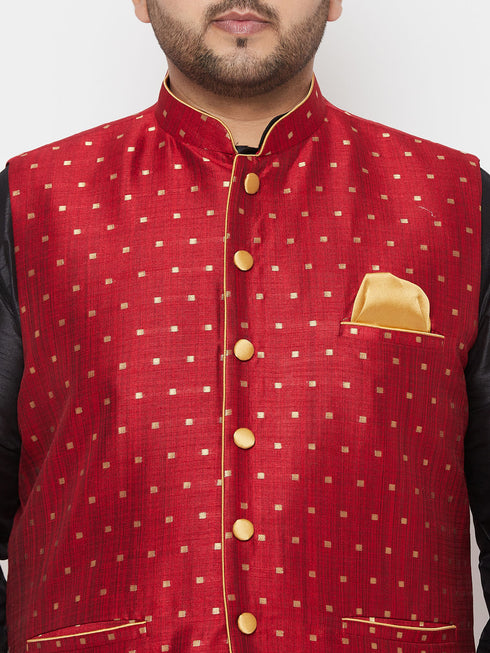 Plus Men's Maroon Zari Weaved Nehru Jacket With Kurta Dhoti Set