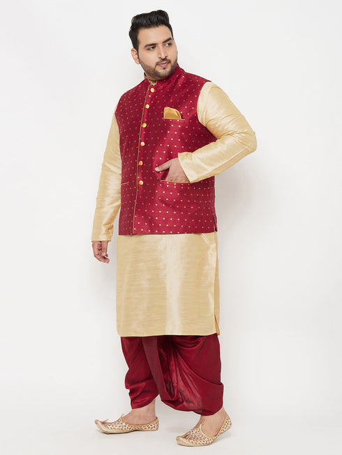 Plus Men's Maroon Zari Weaved Nehru Jacket With Kurta Dhoti Set