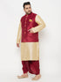 Plus Men's Maroon Zari Weaved Nehru Jacket With Kurta Dhoti Set