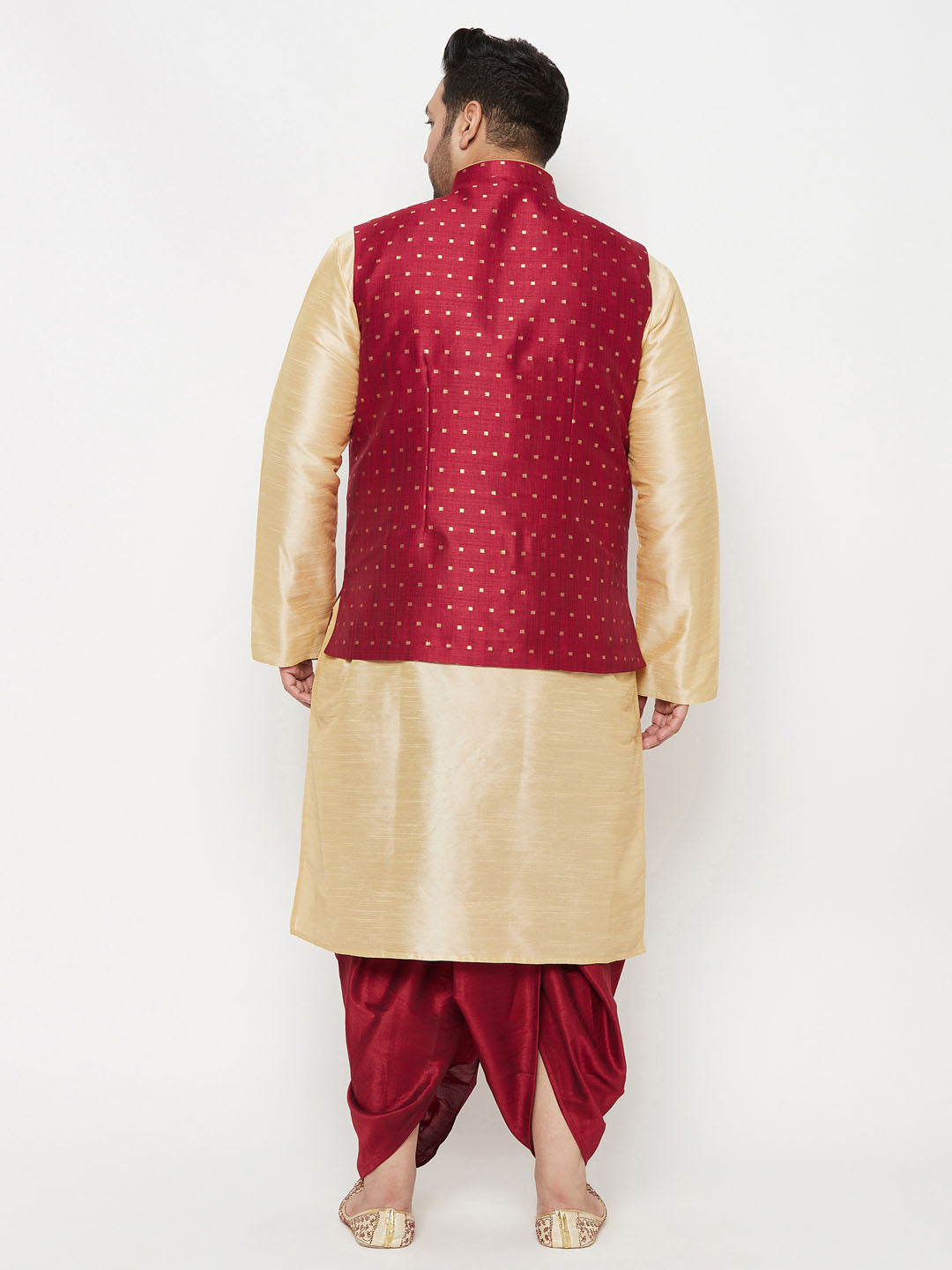 Plus Men's Maroon Zari Weaved Nehru Jacket With Kurta Dhoti Set
