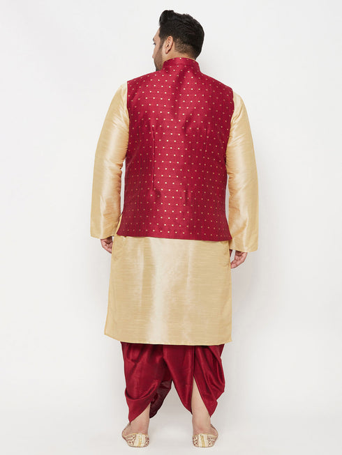 Plus Men's Maroon Zari Weaved Nehru Jacket With Kurta Dhoti Set