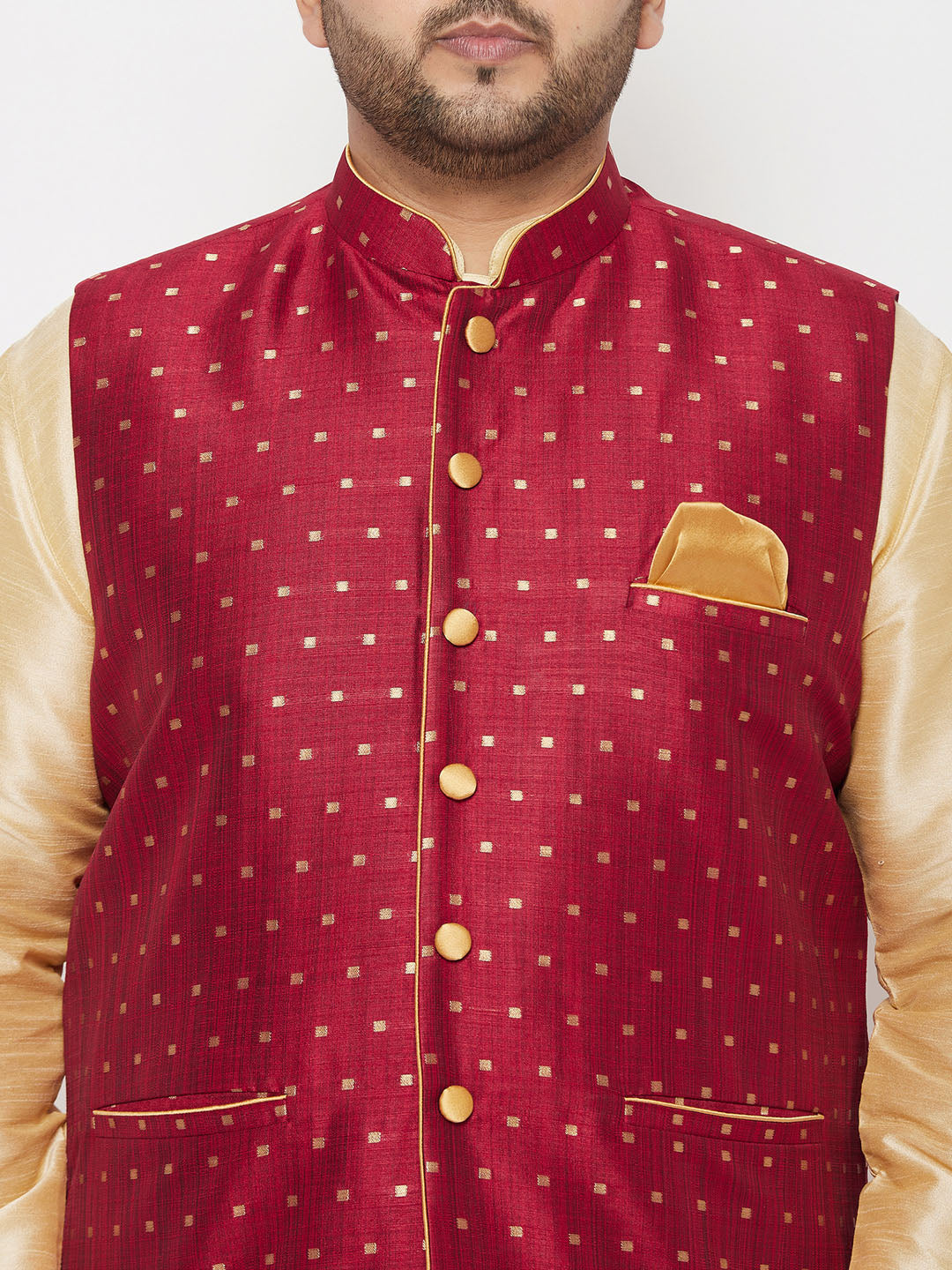 Plus Men's Maroon Zari Weaved Nehru Jacket With Kurta Dhoti Set