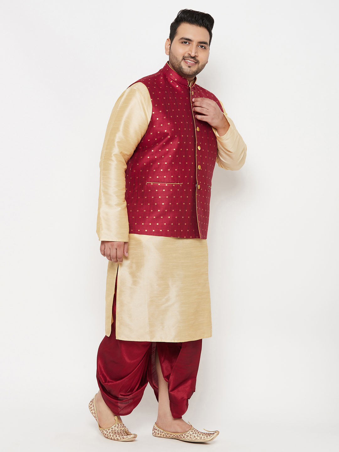 Plus Men's Maroon Zari Weaved Nehru Jacket With Kurta Dhoti Set