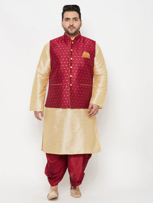 Plus Men's Maroon Zari Weaved Nehru Jacket With Kurta Dhoti Set