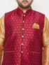 Plus Men's Maroon Zari Weaved Nehru Jacket With Kurta Dhoti Set
