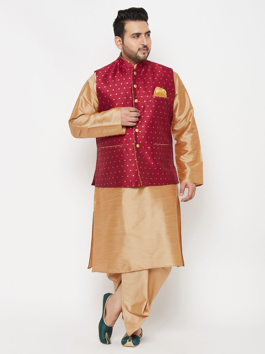 Plus Men's Maroon Zari Weaved Nehru Jacket With Kurta Dhoti Set