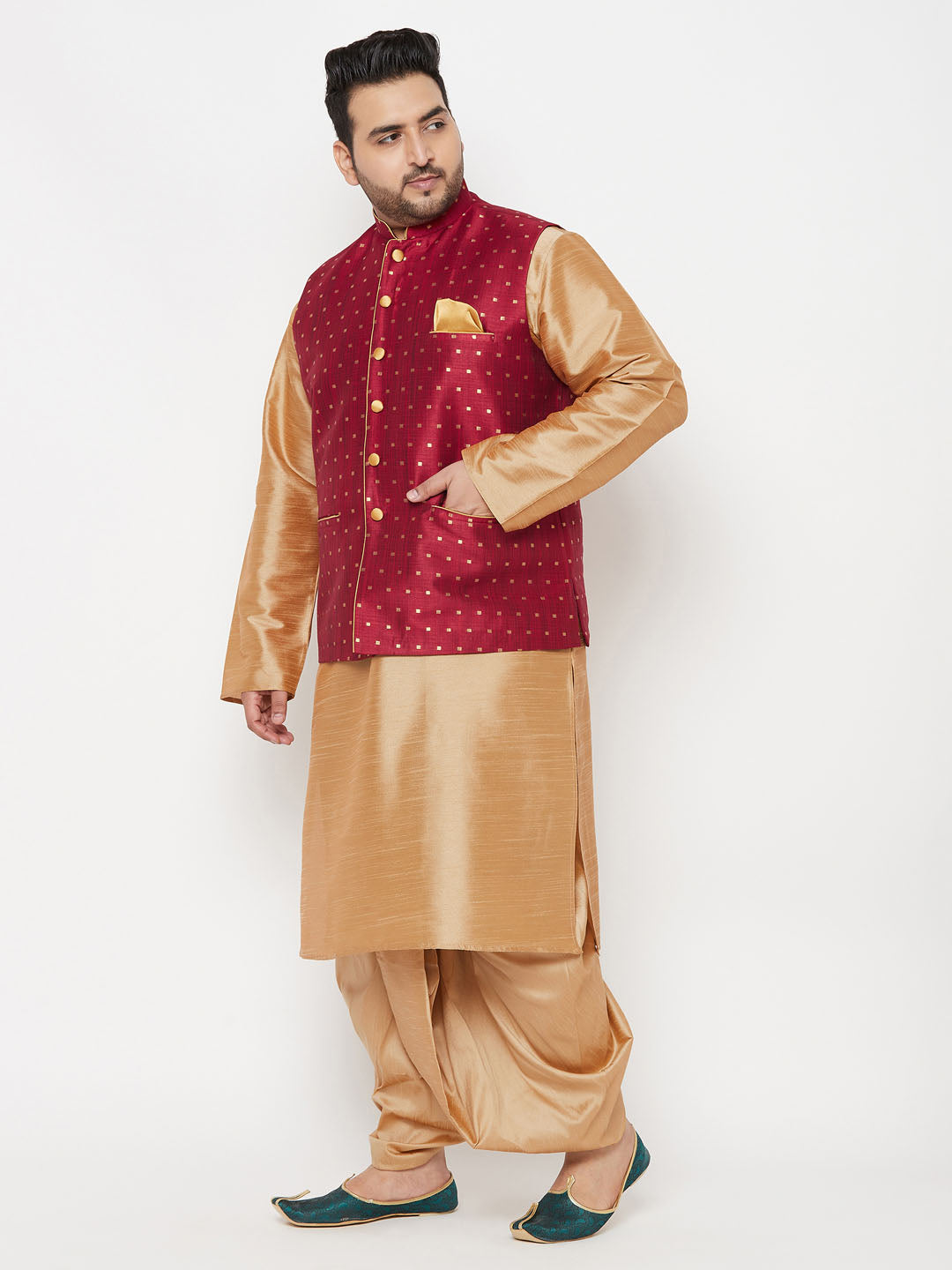 Plus Men's Maroon Zari Weaved Nehru Jacket With Kurta Dhoti Set
