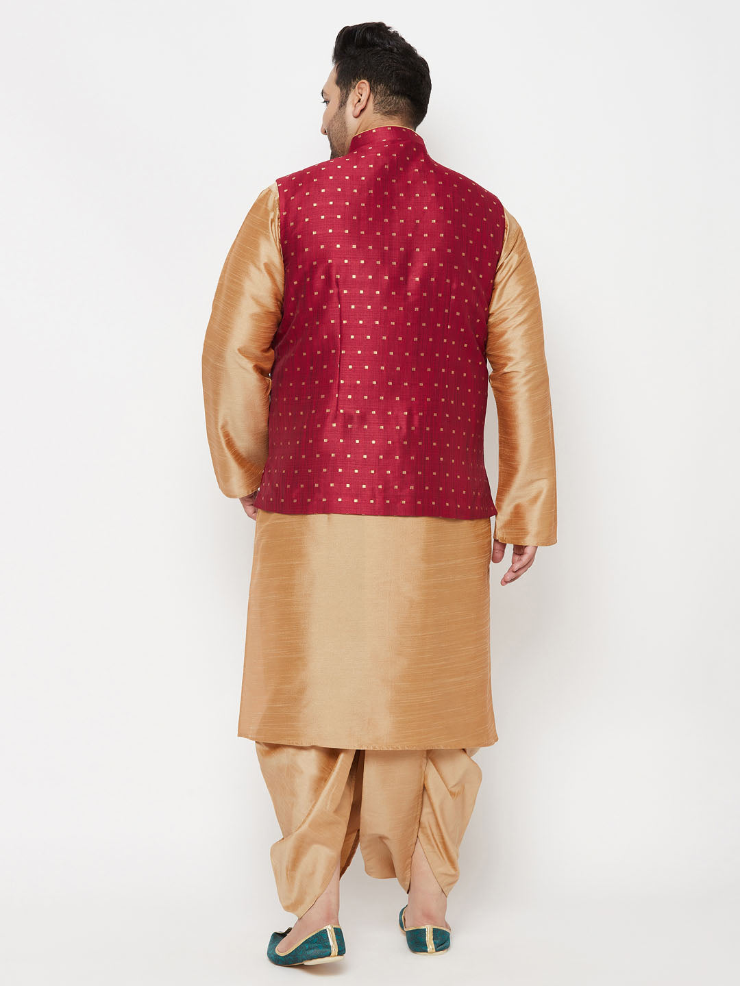 Plus Men's Maroon Zari Weaved Nehru Jacket With Kurta Dhoti Set