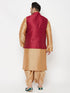 Plus Men's Maroon Zari Weaved Nehru Jacket With Kurta Dhoti Set