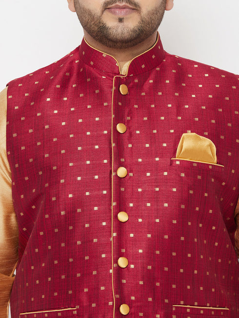 Plus Men's Maroon Zari Weaved Nehru Jacket With Kurta Dhoti Set
