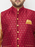Plus Men's Maroon Zari Weaved Nehru Jacket With Kurta Dhoti Set