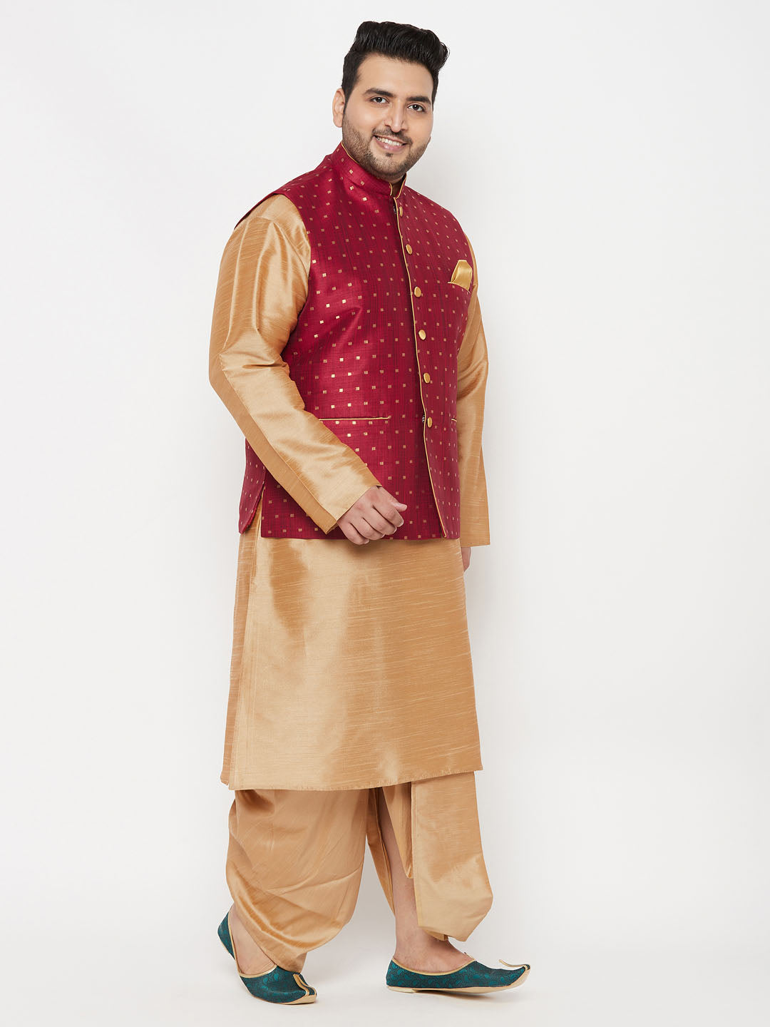 Plus Men's Maroon Zari Weaved Nehru Jacket With Kurta Dhoti Set