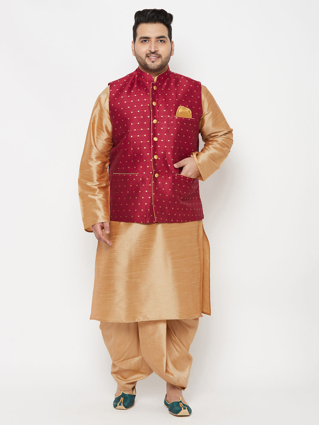 Plus Men's Maroon Zari Weaved Nehru Jacket With Kurta Dhoti Set