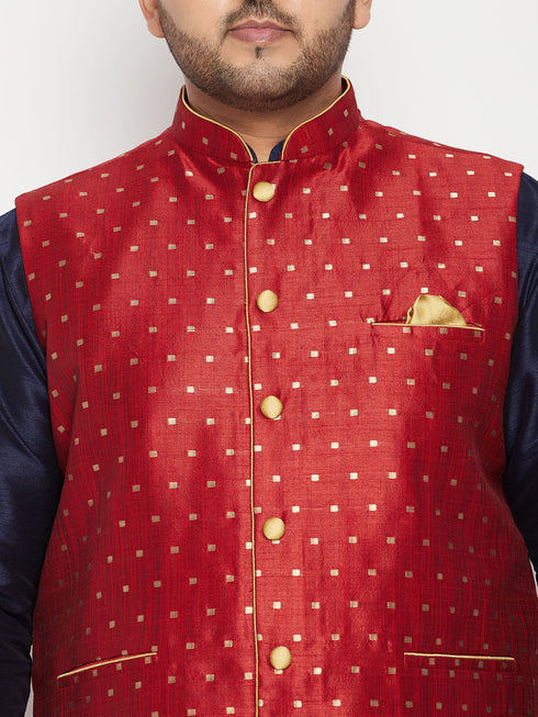 Men's Plus Size Maroon Zari Weaved Nehru Jacket With Kurta Pyjama Set