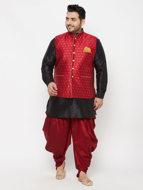 Men's Plus Size Gold Zari Weaved Nehru Jacket With Curved Kurta Dhoti Set