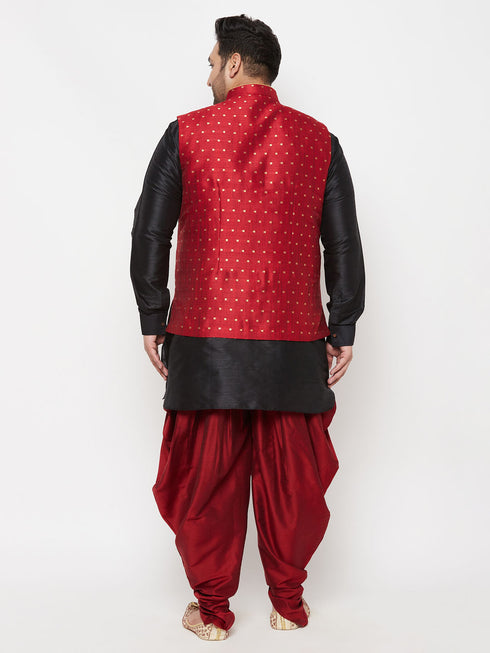 Men's Plus Size Gold Zari Weaved Nehru Jacket With Curved Kurta Dhoti Set
