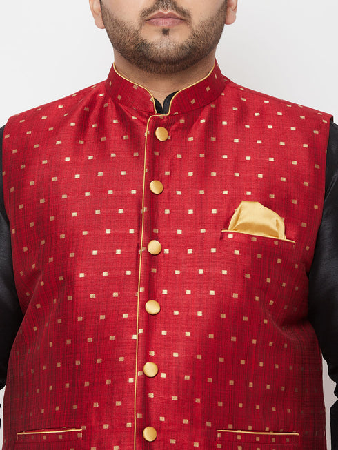Men's Plus Size Gold Zari Weaved Nehru Jacket With Curved Kurta Dhoti Set