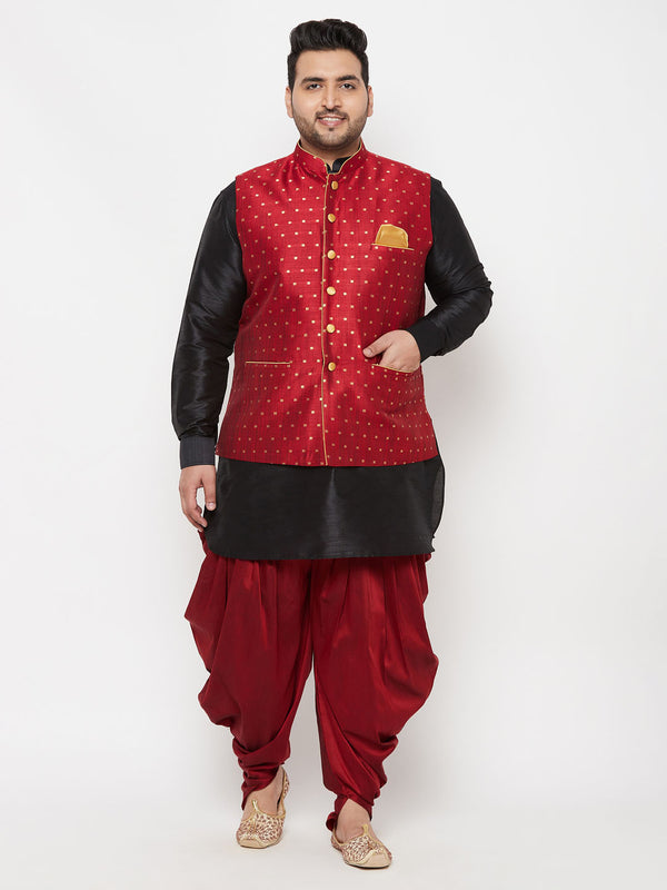 Men's Plus Size Gold Zari Weaved Nehru Jacket With Curved Kurta Dhoti Set