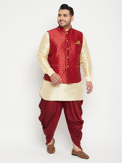 Men's Plus Size Gold Zari Weaved Nehru Jacket With Curved Kurta Dhoti Set