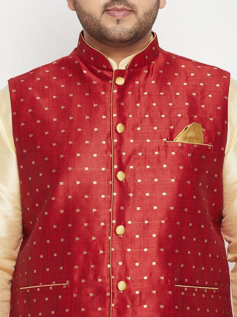 Men's Plus Size Gold Zari Weaved Nehru Jacket With Curved Kurta Dhoti Set