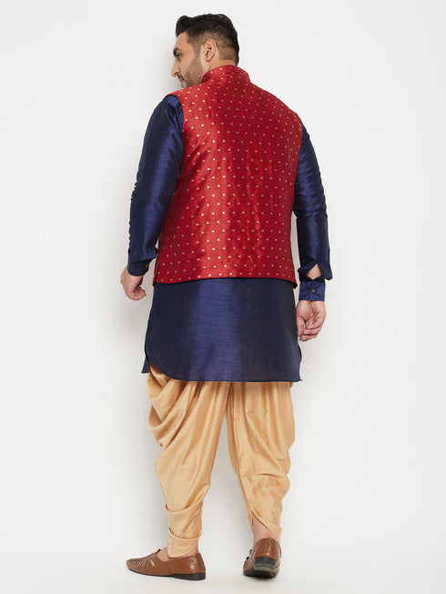 Men's Plus Size Maroon Zari Weaved Nehru Jacket With Curved Kurta Dhoti Set