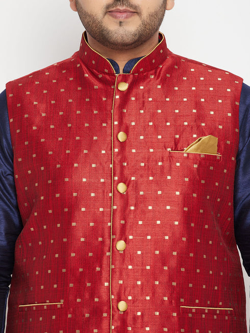 Men's Plus Size Maroon Zari Weaved Nehru Jacket With Curved Kurta Dhoti Set
