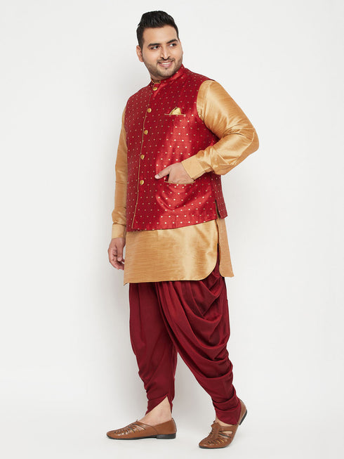 Men's Plus Size Rose Gold Zari Weaved Nehru Jacket With Curved Kurta Dhoti Set