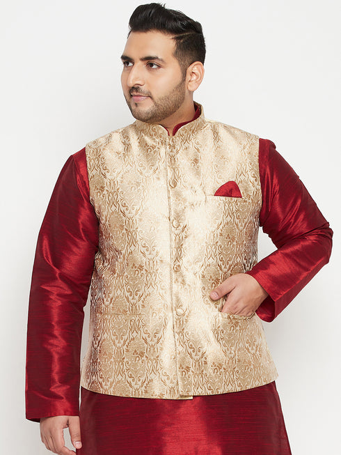 Vastramy Men's Plus Size Rose Gold Brocade Nehru Jacket