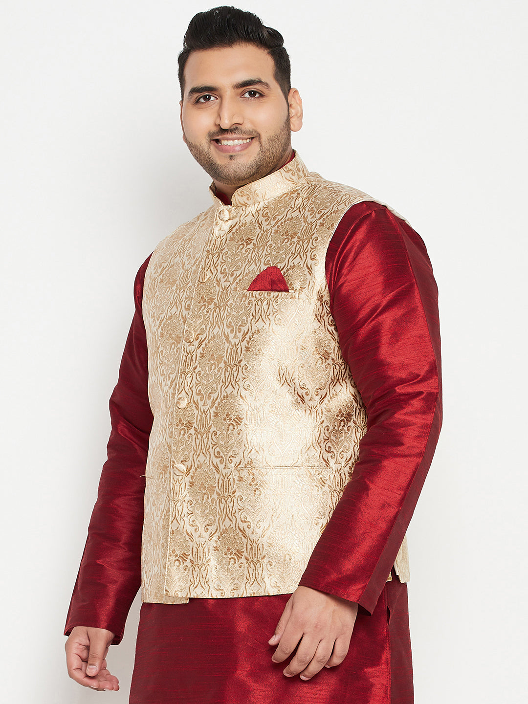 Vastramy Men's Plus Size Rose Gold Brocade Nehru Jacket