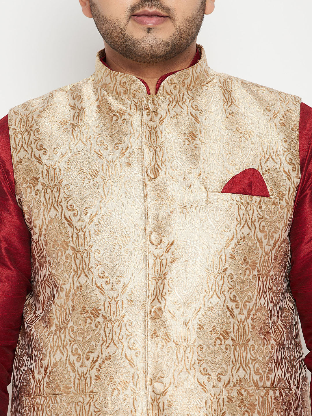 Vastramy Men's Plus Size Rose Gold Brocade Nehru Jacket