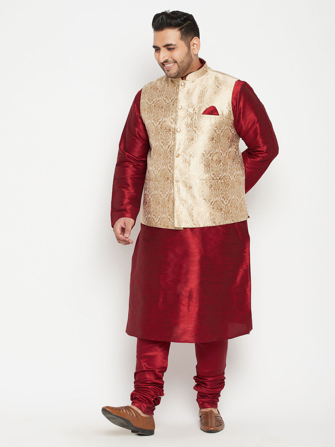 Vastramy Men's Plus Size Rose Gold Brocade Nehru Jacket