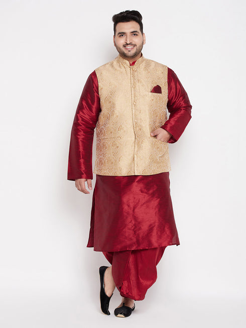 Men's Plus Size Rose Gold Brocade Silk Blend Jacket And Maroon Kurta With Pleated Dhoti Set