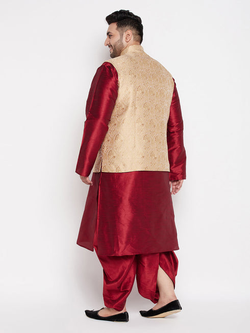 Men's Plus Size Rose Gold Brocade Silk Blend Jacket And Maroon Kurta With Pleated Dhoti Set