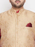 Men's Plus Size Rose Gold Brocade Silk Blend Jacket And Maroon Kurta With Pleated Dhoti Set