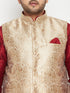 Men's Plus Size Maroon And Rose Gold Brocade Silk Blend Jacket Kurta Pyjama Set