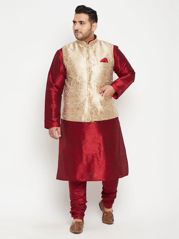 Men's Plus Size Maroon And Rose Gold Brocade Silk Blend Jacket Kurta Pyjama Set