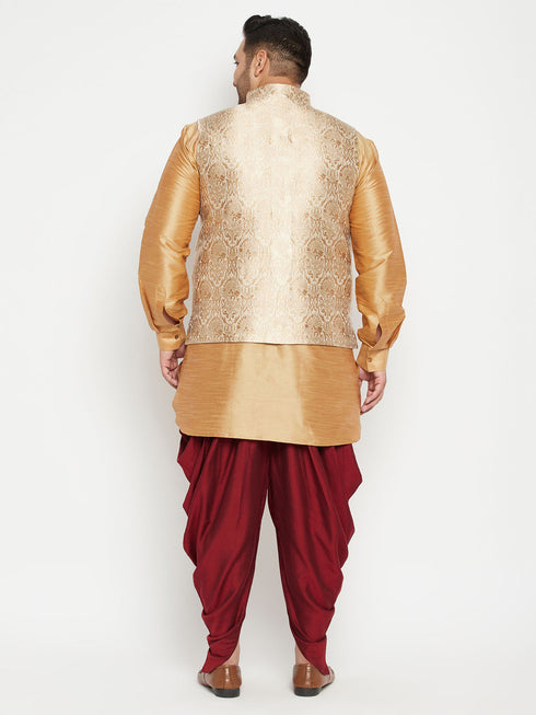 Men's Plus Size Rose Gold Brocade Silk Blend Jacket Kurta Dhoti Pant Set