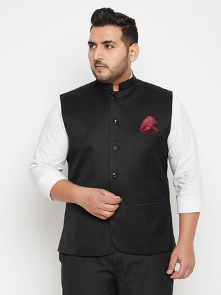 VASTRAMY Men's Plus Size Black Cotton Blend Nehru Jacket