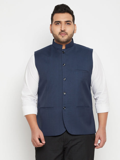 Men's Plus Size Blue Cotton Blend Nehru Jacket