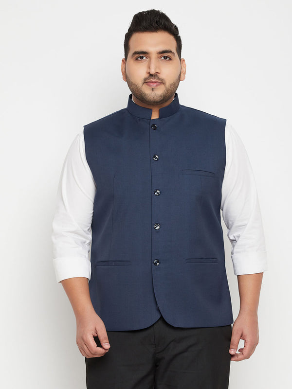 Men's Plus Size Blue Cotton Blend Nehru Jacket