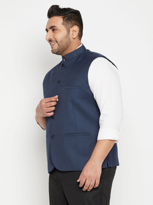 Men's Plus Size Blue Cotton Blend Nehru Jacket