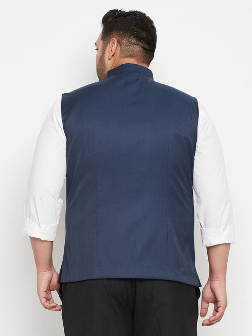 Men's Plus Size Blue Cotton Blend Nehru Jacket